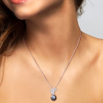 9.5-10MM Black Tahitian Cultured Pearl and Diamond Accent Pendant with
Chain in Sterling Silver