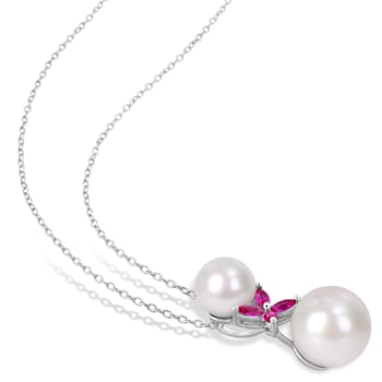 8.5-12MM Freshwater Cultured Pearl and 1/2 CT TGW Created Ruby Pendant
with Chain in Sterling Silver