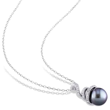8-8.5MM Black Tahitian Cultured Pearl and 1/10 CT TW Diamond Pendant
with Chain In Sterling Silver