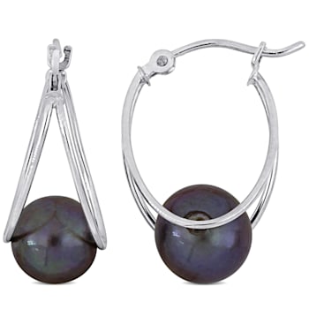 8-8.5MM Black Freshwater Cultured Pearl Drop Earrings in 10K White Gold