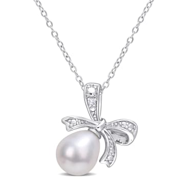 8.5-9MM Freshwater Cultured Pearl and Diamond Accent Bow Pendant with
Chain in Sterling Silver