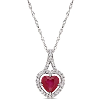 1 CT TGW Ruby and 1/6 CT TW Diamond Halo Pendant with Chain in 14K White Gold