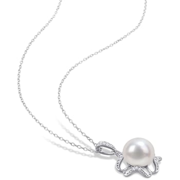 9.5-10MM Freshwater Cultured Pearl and Diamond Accent Floral Pendant
with Chain in Sterling Silver