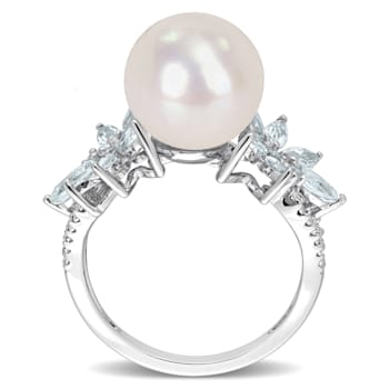 11-12MM Freshwater Cultured Pearl, 1 1/5 CT TGW Aquamarine & Diamond
Ring in Sterling Silver