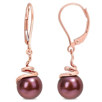 8-8.5MM Brown Freshwater Cultured Pearl Spiral Drop Earrings in 14K Rose Gold