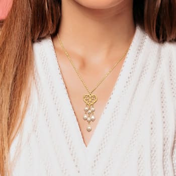 6-6.5MM Freshwater Cultured Pearl Chandelier Heart Necklace in 14K
Yellow Gold Over Sterling Silver
