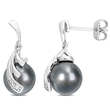 8-9MM Black Tahitian Cultured Pearl and Diamond Accent Feather Earrings
in Sterling Silver