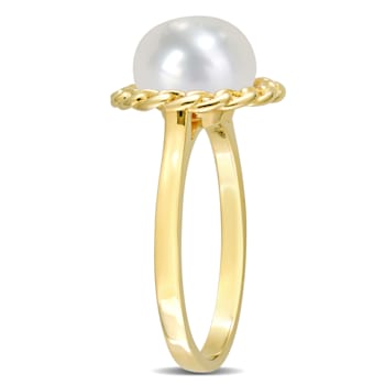 9-9.5MM Freshwater Cultured Pearl Halo Link Ring in Yellow Plated
Sterling Silver