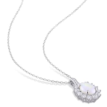 2 CT TGW Opal White Topaz and Diamond Halo Pendant With Chain in
Sterling Silver