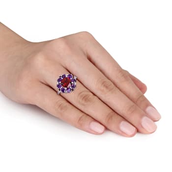 4 2/5 CT TGW Garnet and Amethyst Floral Ring in Sterling Silver