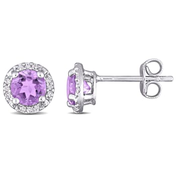 4/5  CT TGW Amethyst and Diamond Accent Halo Stud Earrings in Sterling Silver