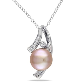 9-9.5MM Pink Freshwater Cultured Pearl and Diamond Pendant with Chain in
Sterling Silver