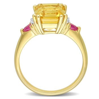 3 1/2 CTW Citrine, Ruby and Diamond 3-Stone Ring in 18K Yellow Gold
Plated Sterling Silver