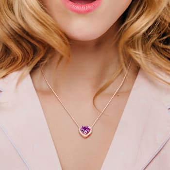 3 1/4 CT TGW Amethyst and 1/5 CT TW Diamond Halo Heart Necklace in Rose
Plated Sterling Silver