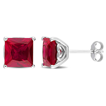 6 1/8 CT TGW Square Created Ruby Stud Earrings in Sterling Silver