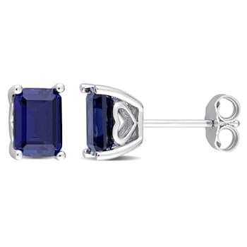 3 1/5 CT TGW Octagon Created Blue Sapphire Stud Earrings in Sterling Silver
