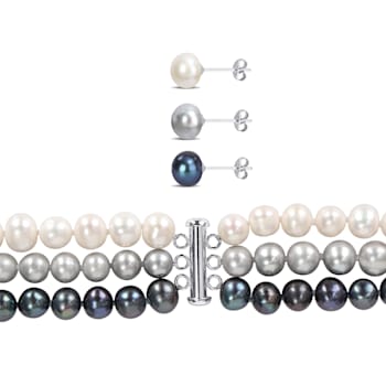 7.5-8MM Multi-Color Freshwater Cultured Pearls Necklace, Bracelet &
Earrings Set in Sterling Silver