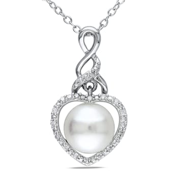 8-8.5MM Freshwater Cultured Pearl and Diamond Heart Pendant with Chain
in Sterling Silver