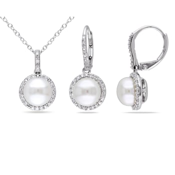 8-8.5MM Freshwater  Cultured Pearl and 1/3 CT TW Diamond Earrings and
Pendant in Sterling Silver