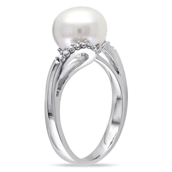 9-9.5MM Freshwater Cultured Pearl Bypass Ring with Diamonds in Sterling Silver