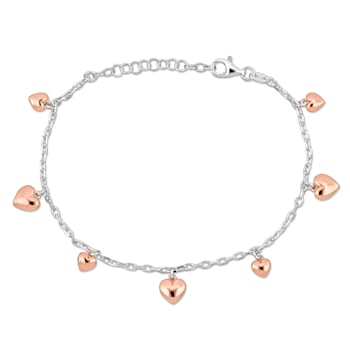 Heart Charm Station Bracelet in 2-Tone White and Rose Plated Sterling Silver