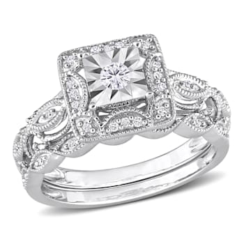 1/5 CT TW Diamond Square Halo Bridal Ring Set in Sterling Silver