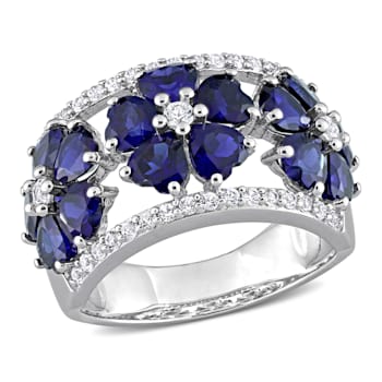 4 1/2 CT TGW Created Blue and White Sapphire Floral Ring in Sterling Silver