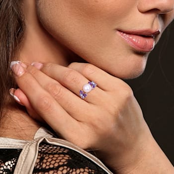 8-8.5MM Freshwater Cultured Pearl, Diamond, Tanzanite, and Amethyst Ring
in Sterling Silver