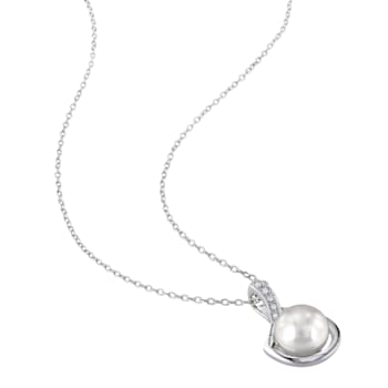 9-9.5MM Freshwater Cultured Pearl and Diamond Pendant with Chain in
Sterling Silver