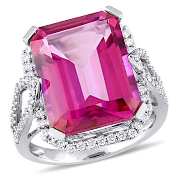 14 1/2 CT TGW Pink Topaz and 1/2 CT TW Diamond Ring in 14K White Gold
