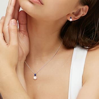 8.5-9MM Freshwater Cultured Pearl and Created Sapphire Earrings and
Necklace Set in Sterling Silver