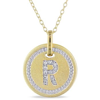 Diamond "R" Initial Pendant with Chain in 18K Yellow Gold Over
Sterling Silver