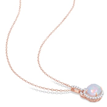 3 1/4 CT TGW Blue Ethiopian Opal and White Topaz Pendant with Chain in
Rose Plated Sterling Silver