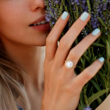 9-9.5MM Freshwater Cultured Pearl Halo Link Ring in Yellow Plated
Sterling Silver