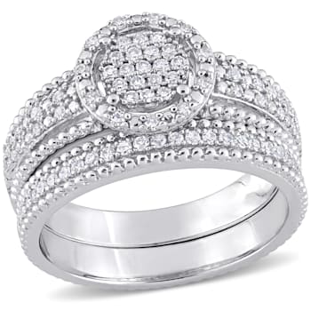 1/3 CT TW Diamond Cluster Bridal Set in Sterling Silver