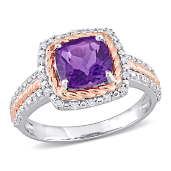 1 2/5 CT TGW Amethyst and 1/6 CT TDW Diamond Halo Ring in White and Rose
Plated Sterling Silver