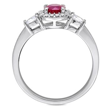 1 CT TGW Ruby and White Sapphire and 1/8 CT TW Diamond 3-Stone Ring Halo
in 14K White Gold