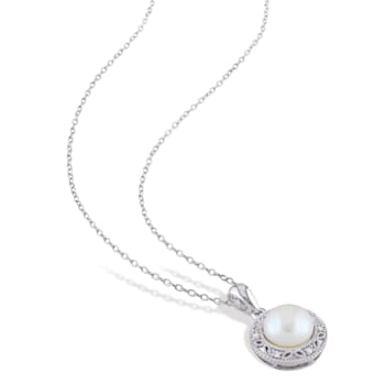 7.5-8MM Freshwater Cultured Pearl and Diamond Filigree Pendant with
Chain in Sterling Silver
