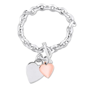 Oval Link Bracelet with Double Heart Charm and Toggle Clasp in 2-tone
Rose and White Sterling Silver