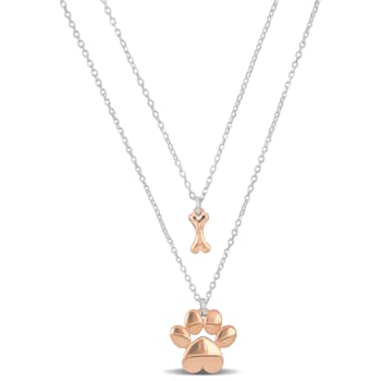 Pink Paw and Bone Two Strand Charm Necklace in 2-Tone Sterling Silver