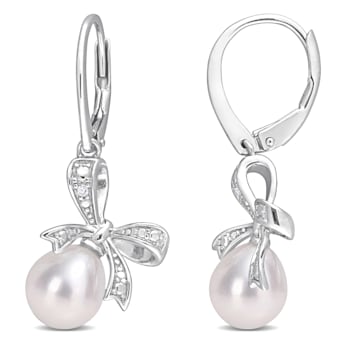 7.5-8MM Freshwater Cultured Pearl and Diamond Accent Bow Leverback
Earrings in Sterling Silver