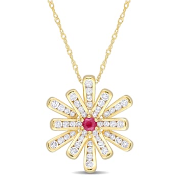 1 1/4 CT TGW Ruby and White Topaz Floral Pendant with Chain in 10K
Yellow Gold