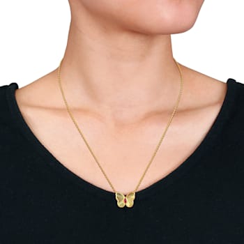 1/5 CT TGW Created Ruby Butterfly Necklace in Yellow Plated Sterling Silver