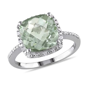 4 CT TGW Green Quartz and 1/10 CT TW Diamond Halo Ring in Sterling Silver