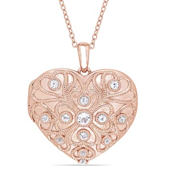 5/8 CT TGW White Topaz Heart Locket Necklace in Rose Plated Sterling Silver