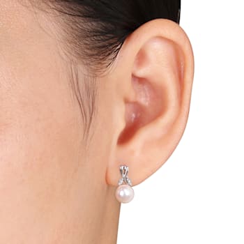 7.5-8MM Freshwater Cultured Pearl and Diamond Accent Twist Earrings in
10K White Gold