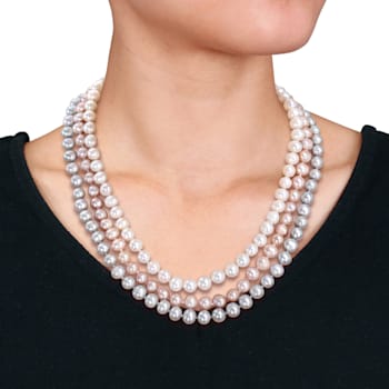 7.5-8MM Multi-Color Freshwater Cultured Pearls Necklace, Bracelet &
Earrings Set in Sterling Silver