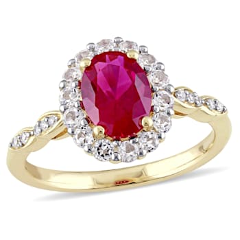 2 5/8 CT TGW Created Ruby, White Topaz and Diamond Accent Vintage Ring
in 14K Yellow Gold