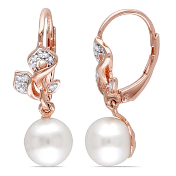 7.5-8 MM Freshwater Cultured Pearl and 1/10ctw Diamond Earrings 18K Rose
Gold Over Sterling Silver