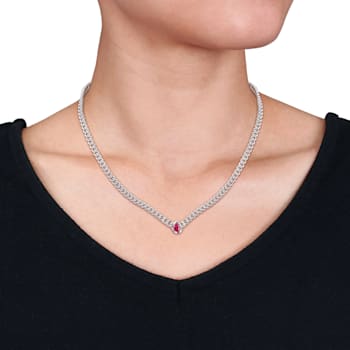 1 1/7 CT TGW Pear Created Ruby Curb Link Chain Necklace in Sterling Silver